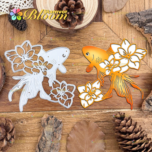 Original Lovely Gold Fish with Flowers Silhouette Cutting Dies
