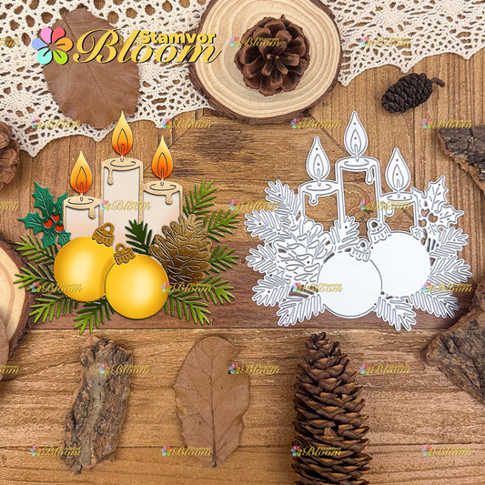 Original Lovely Christmas Candles Bellls with Pine Leaves Cutting Dies