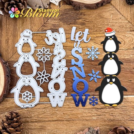 Original Lovely Winter Christmas Snowflake Penguins Title LET IT SNOW Cutting Dies