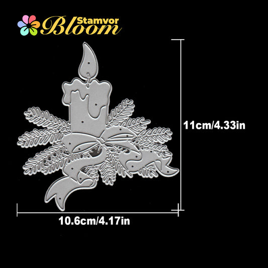 Original Lovely Christmas Candle with Pine Leaves Branches Bows Cutting Dies