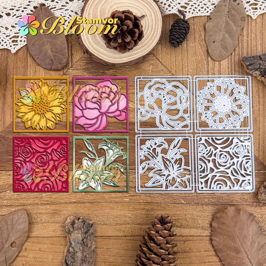 Original Lovely Flowers Square Frames Peony Sunflower Lily Roses Cutting Dies