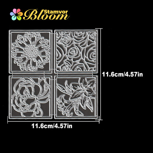 Original Lovely Flowers Square Frames Peony Sunflower Lily Roses Cutting Dies