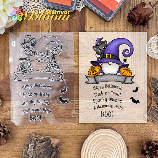 Original Lovely Halloween Gnomes with Cats Pumpkins Banner Stamps and Dies