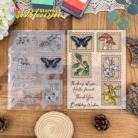 Original Beautiful Lemon Tropical Leaves Mushrooms Flowres Plants and Butterfly Post Stamps and Dies