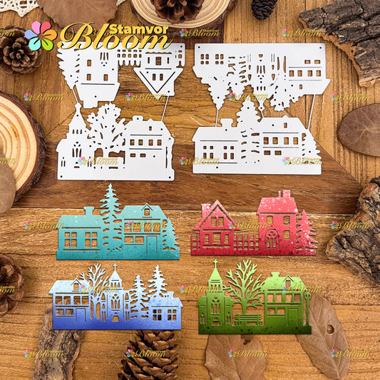 Original Lovely Winter Christmas Houses Silhouettes Borders Cutting Dies