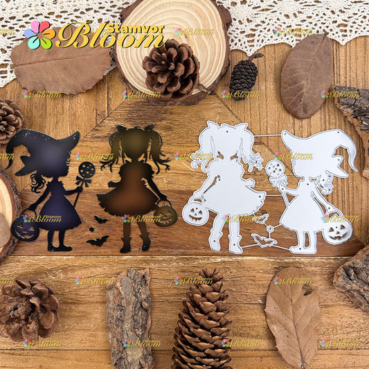 Original Lovely Halloween Witch Girls Silhouette Cutting Dies