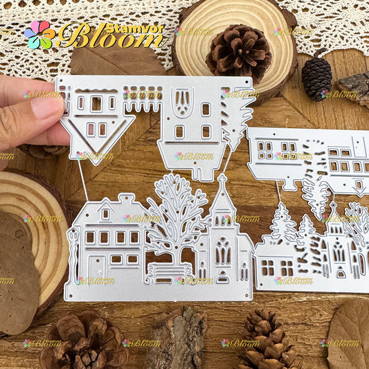 Original Lovely Winter Christmas Houses Silhouettes Borders Cutting Dies