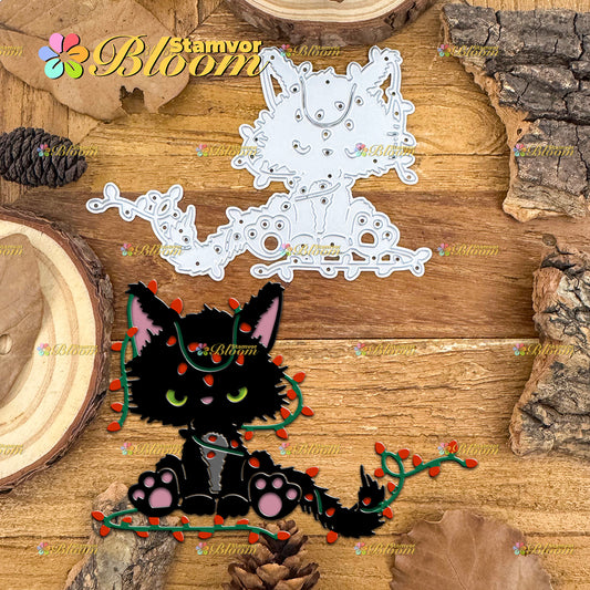 Original Funny Christmas Cats with String of Lights Cutting Dies