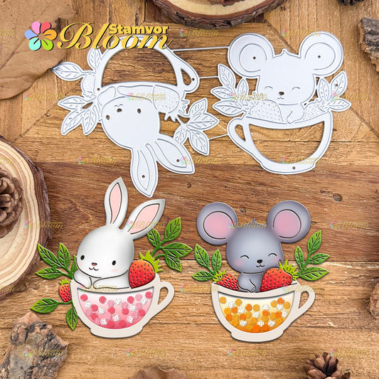Original Lovely Animals Mouse Bunny Strawberry Cups Shaker Cards Cutting Dies