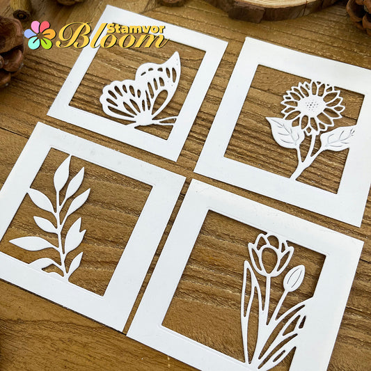 Beautiful Sunflower Butterfly Tulip Leaves Square Frames Cutting Dies