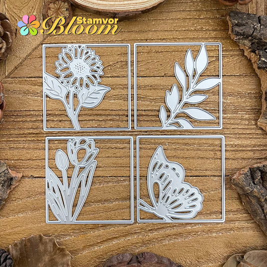 Beautiful Sunflower Butterfly Tulip Leaves Square Frames Cutting Dies