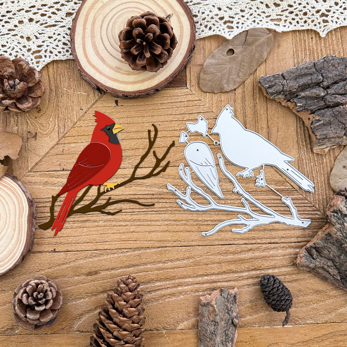 Layers Christmas Cardinal Birds on Branch Cutting Dies