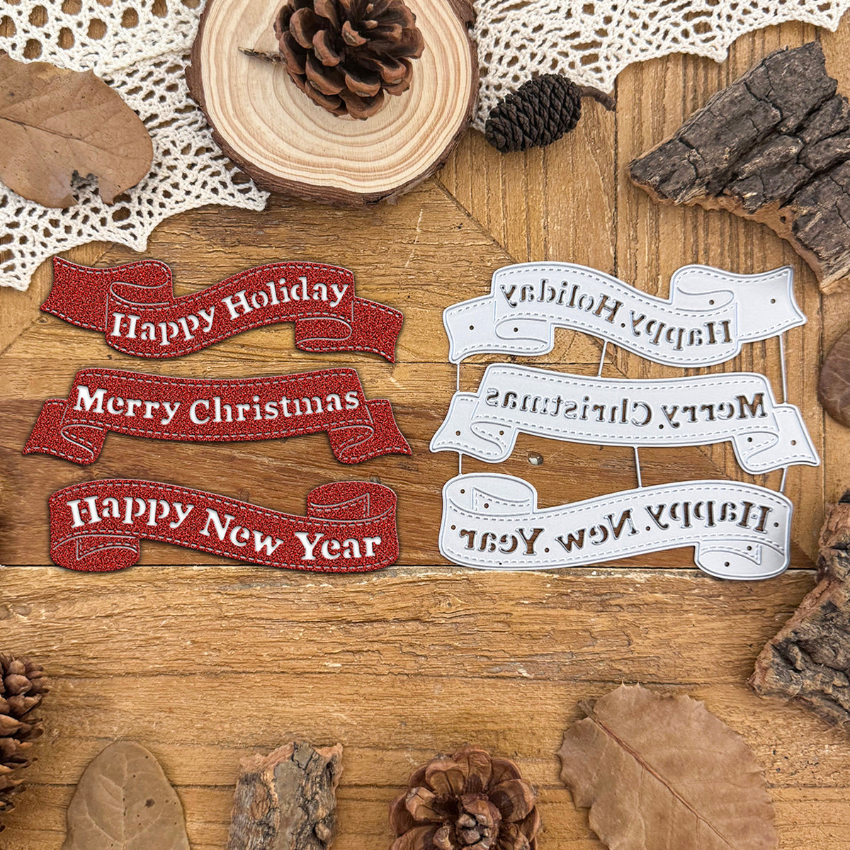 Christmas Words Ribbons Banners MERRY CHRISTMAS HAPPY NEW YEAR HAPPY HOLIDAY Cutting Dies