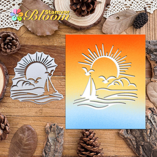 Original Lovely Ocean Sunset with Seagulls and Sailboat Cutting Dies