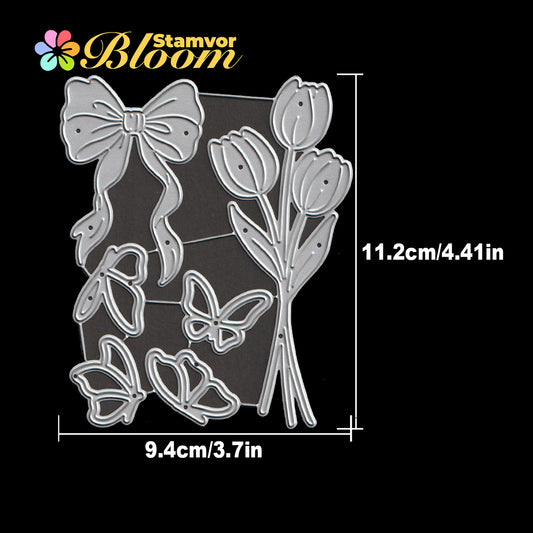 Original Lovely Tulips Flowers Bouquet with Bow and Butterflies Cutting Dies