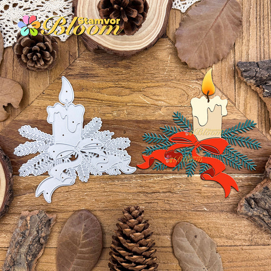 Original Lovely Christmas Candle with Pine Leaves Branches Bows Cutting Dies