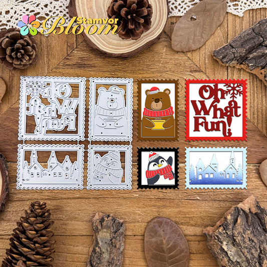 Original Lovely Christmas Bear Penguin Village Titls Post Stamps Frames Cutting Dies