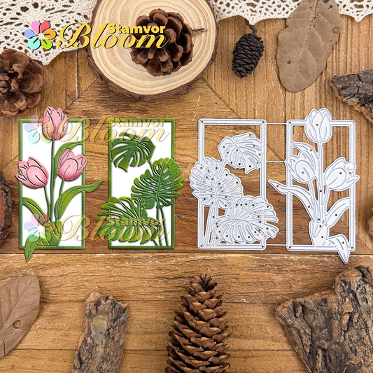 Original Beautiful Flowers and Leaves Tulips Monstera Deliciosa Square Frames Cutting Dies