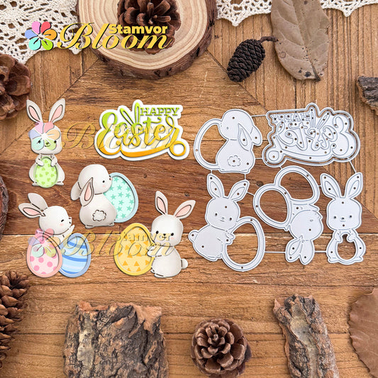Original Lovely Easter Bunny and Eggs HAPPY EASTER Title Words Cutting Dies