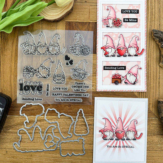 Love Valentines Day Gnomes Clear Stamps and Metal Cutting Dies