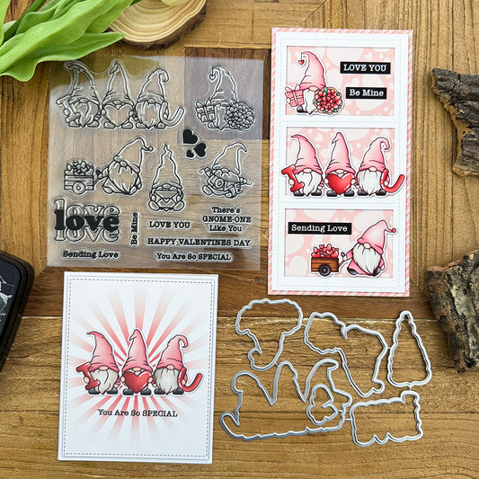 Love Valentines Day Gnomes Clear Stamps and Metal Cutting Dies