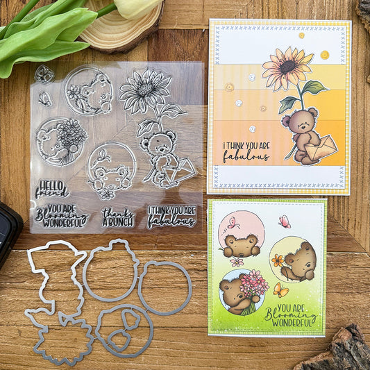 Lovely Bunch of flowers Bears Clear Stamps and Metal Cutting Dies
