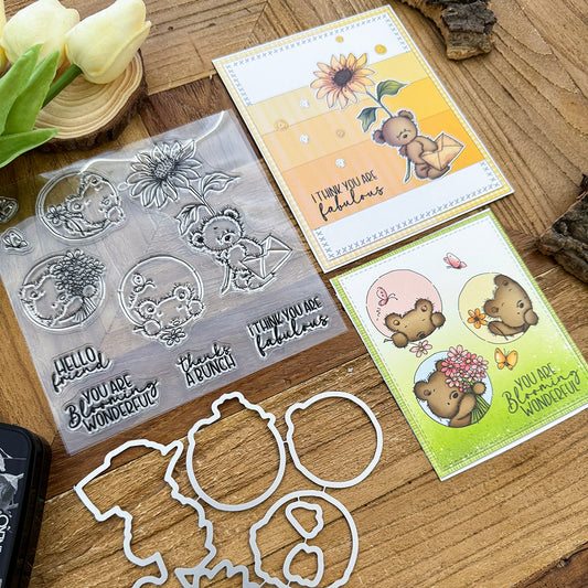 Lovely Bunch of flowers Bears Clear Stamps and Metal Cutting Dies