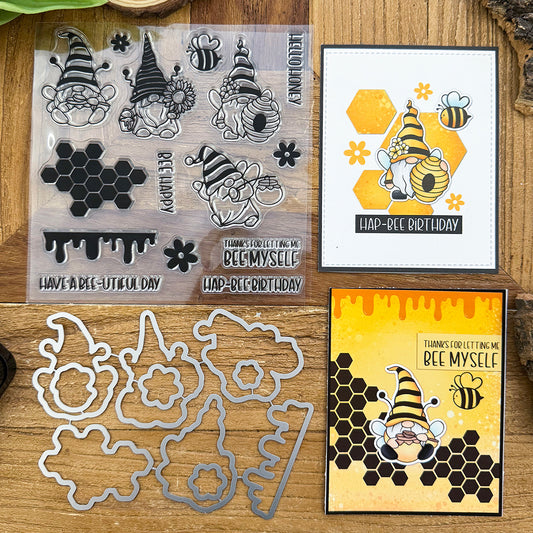 Lovely Bees Honey Gnomes Clear Stamps and Metal Cutting Dies