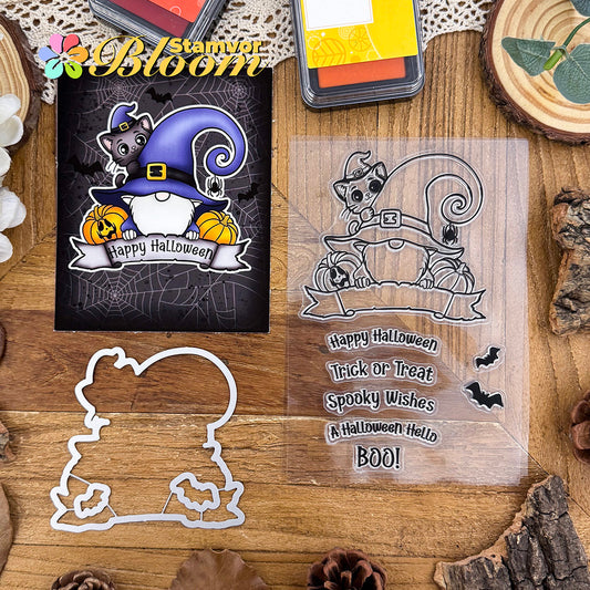 Original Lovely Halloween Gnomes with Cats Pumpkins Banner Stamps and Dies