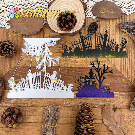 Original Retro Halloween House and Door Silhouettes Borders Cutting Dies
